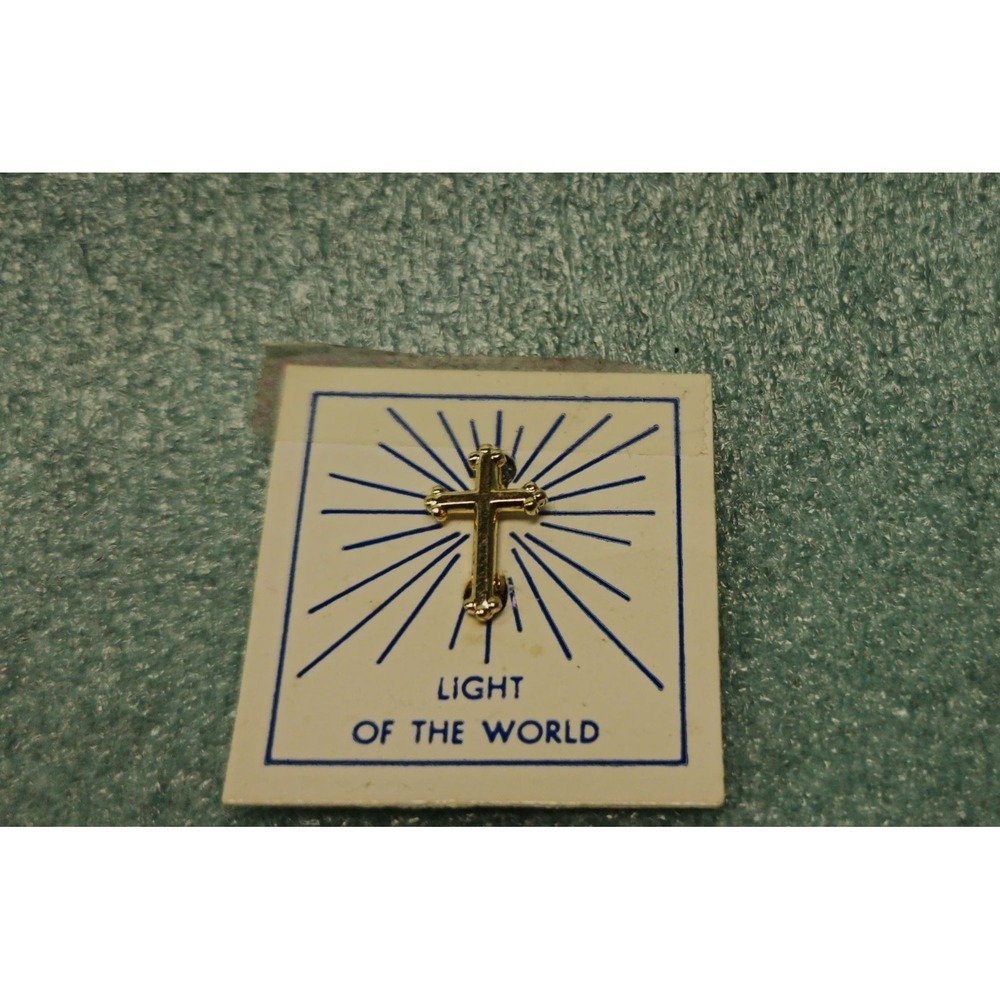 Gold Cross Lapel Pin "Light Of The World" Religious Accessory With Backing Card